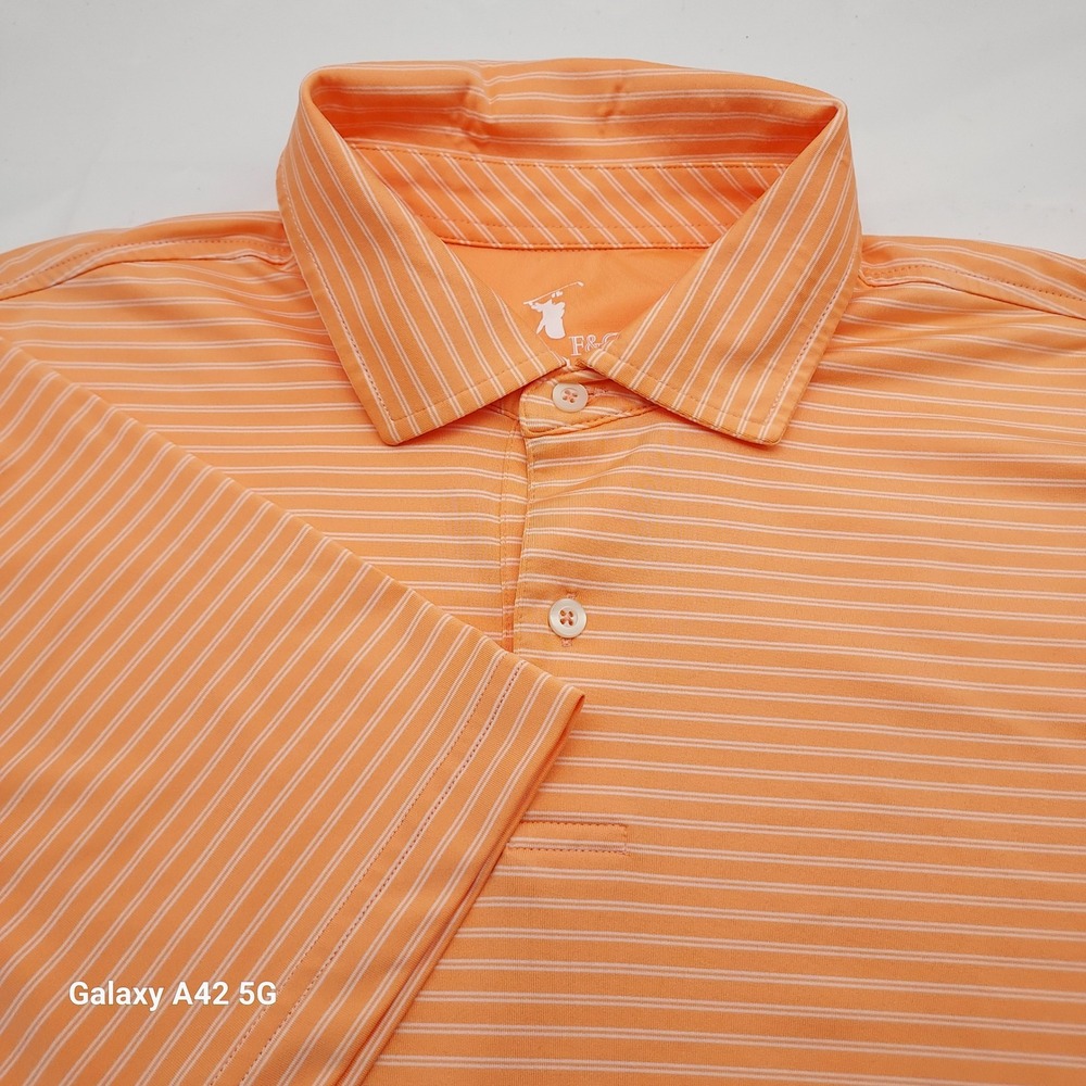 F&G Tech Mens Golf Polo Shirt Orange White Striped Short Sleeve Size Medium‎